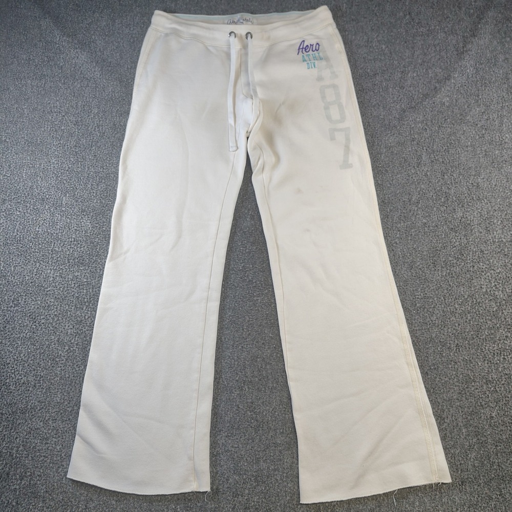 Aeropostale Sweatpants Womens M White A87 Graphic Wide Leg Fleece Joggers Y2K